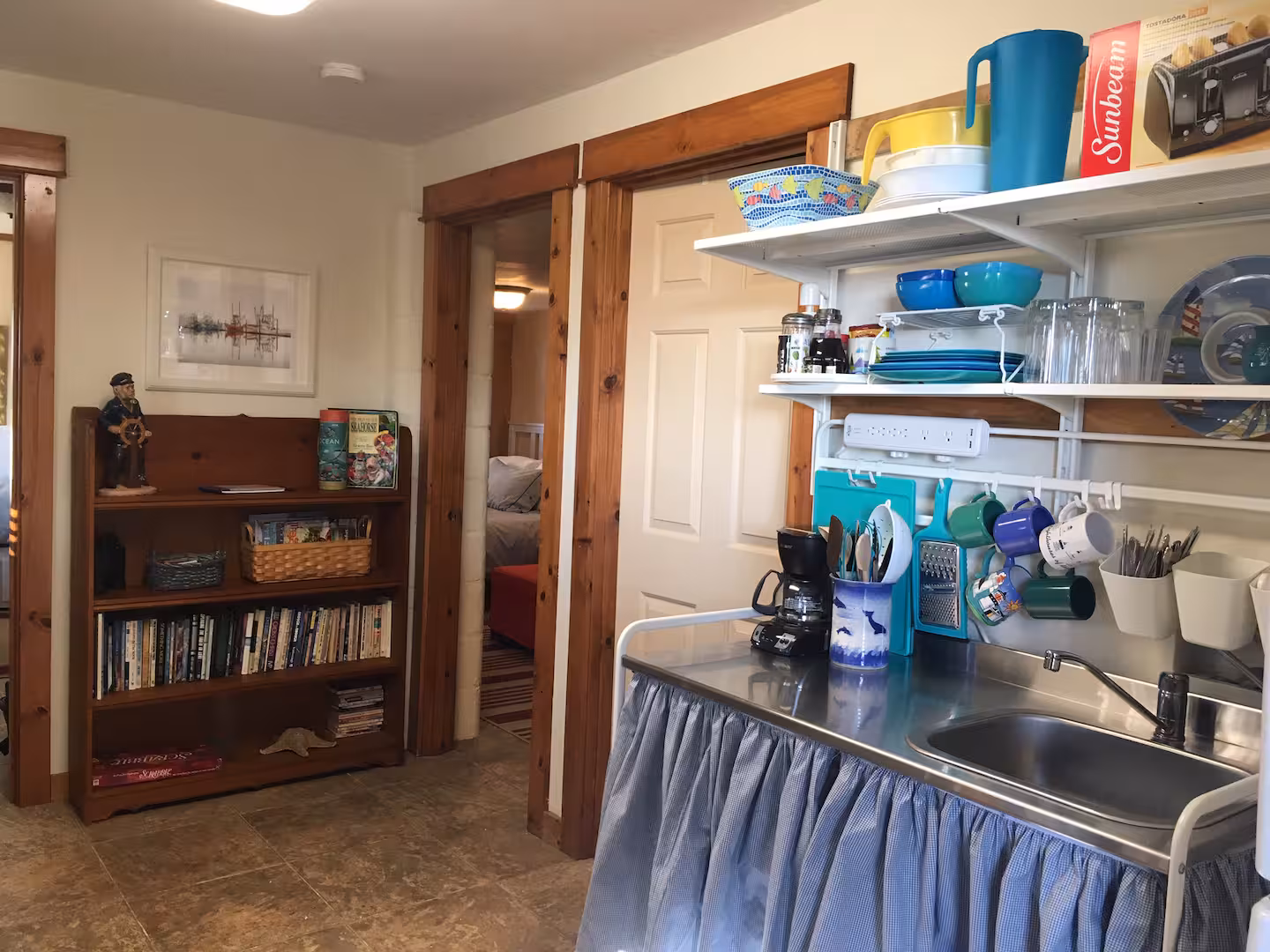 Kitchenette shelving and sink